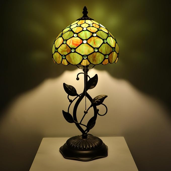 Small Tiffany Lamp Brown Green Pearl Style Stained Glass Table Lamps Desk Bedside Reading Light 8X8X18 Inches with Bronze Metal Leaf Resin Base