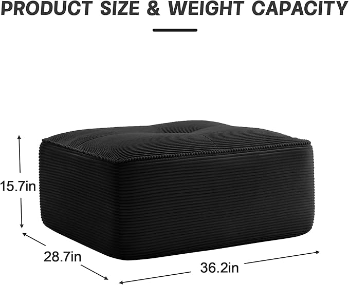 Black Ottoman for Modular Sectional Sofa, Corduroy Deep Seat for Oversized Compressed Boneless Sectional Couches for Living Room Bedroom Apartment, Cloud Sofa Couch Set, Memory Foam, No Assembly
