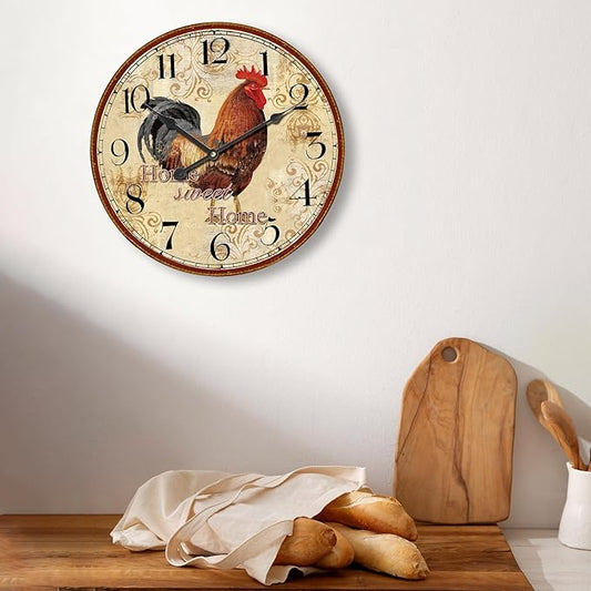 24 Inch Large Vintage Rooster Clock for Living Room,Silent Retro Farmhouse Wall Clock for Kitchen Bedroom,Rustic No-Ticking Wall Clock Battery Operated for Home Office School