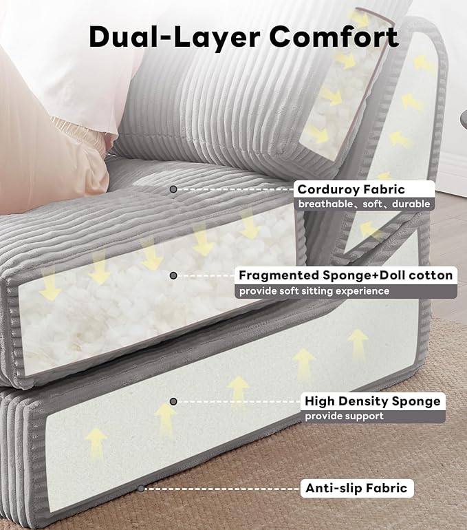 Tbfit Folding Sofa Bed, Convertible Sleeper Chair with Large Pillow, Corduroy Folding Couch Bed, Portable & Foldable Mattress Boneless Floor Sofa for Living Room, Bedroom, Office, Grey, Single