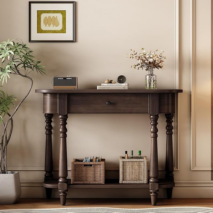 HMFULE Retro Curved Console Table, 36" Solid Wood Half Moon Console Table Sofa Table Entryway Table with 1 Drawer 1 Open Shelf Roman Legs Curved Corners for Living Room,Entryway,Hallway,Espresso