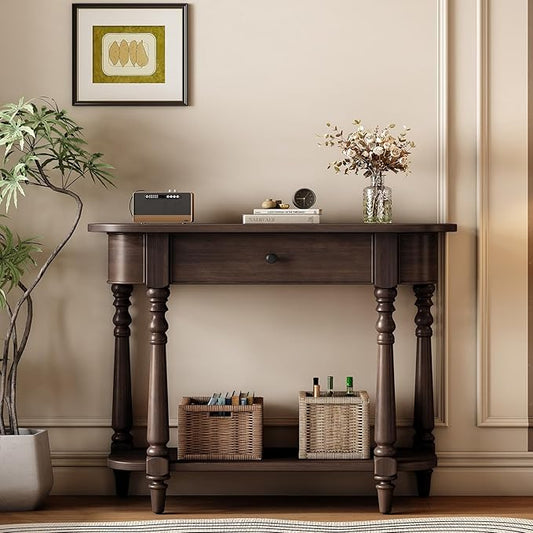 HMFULE Retro Curved Console Table, 36" Solid Wood Half Moon Console Table Sofa Table Entryway Table with 1 Drawer 1 Open Shelf Roman Legs Curved Corners for Living Room,Entryway,Hallway,Espresso