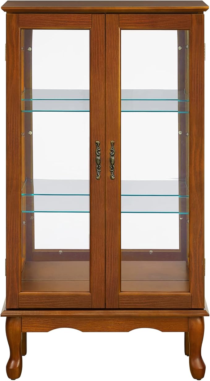 Goujxcy Lighted Curio Cabinet, Modern Floor Standing Glass Curio Cabinet Display Case Cabinet with Adjustable Shelves, Mirrored Back Panel and Tempered Glass Doors for Home/Office (Oak)
