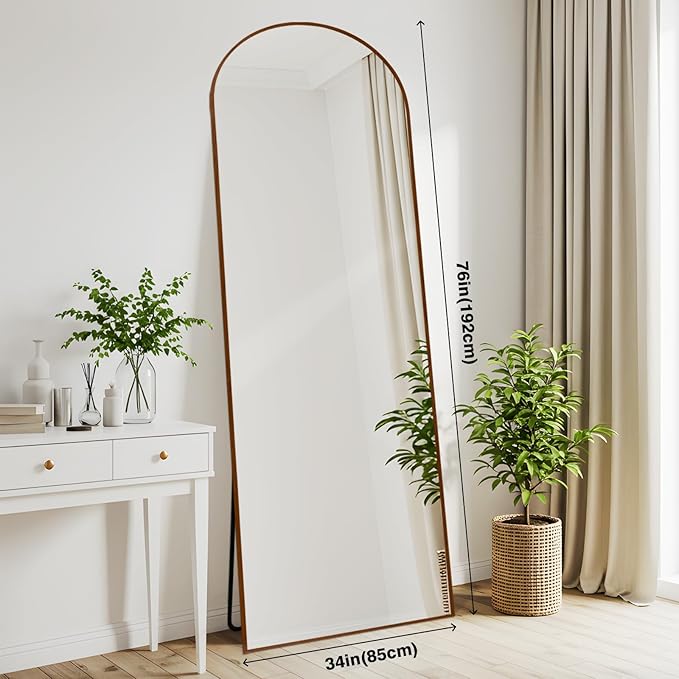 Arched 34x76 Inch Oversize Full Length Mirrors Aluminium Frame in Retro Reddish Brown Wood Looking Free Standing Floor Mirror Full Body Wall Mounted for Bedroom Living Room and Hallway
