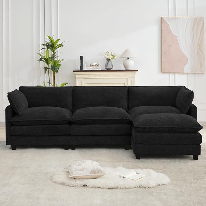 ROWHY Oversized Modular Sectional Couch with Movable Ottoman, 112" Modern Convertible L Shaped Sofa Set, 4 Seat Comfy Cloud Couch with 2 Throw Pillows, for Living Room and Office, Chenille, Black