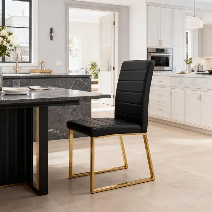 Modern Dining Chairs Set of 2, White Faux Leather Kitchen Chairs, Upholstered Armless Dining Room Chair with Gold Mental Legs Heavy Duty, Comfortable (Black and Gold, Set of 2)