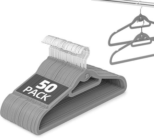 Velvet Hangers 50 Pack, Non Slip Stackable Clothes Hangers with Cascading Hooks, Ultra Thin and Space Saving Felt Hangers with Tie Bar, 360° Swivel Hooks, Heavy Duty for Suit Coat Shirt Pant- Gray