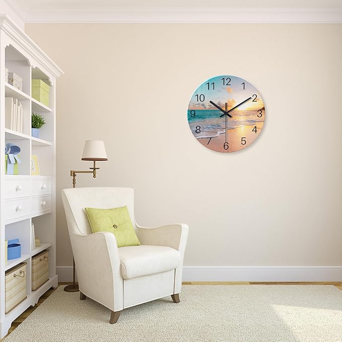Beach Wall Clock Silent Analog Glass Wall Clocks Battery Operated 16 Inches or Larger Blue Clocks for Living Room
