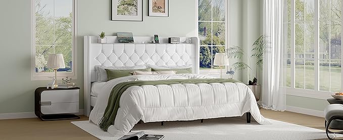 SHA CERLIN King Size Platform Bed Frame with Charging Station, Velvet Wingback Headboard with Storage Shelf, Wooden Slats Support, Ample Under-Bed Space, No Box Spring Needed, Easy Assembly, White