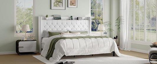 SHA CERLIN King Size Platform Bed Frame with Charging Station, Velvet Wingback Headboard with Storage Shelf, Wooden Slats Support, Ample Under-Bed Space, No Box Spring Needed, Easy Assembly, White