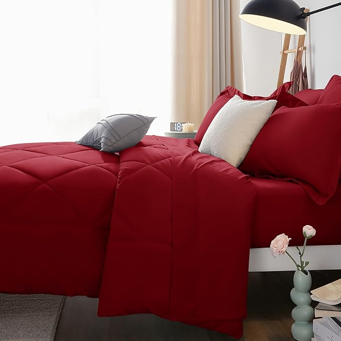 CozyLux Full Size Comforter Sets Dark Red - 7 Pieces Bed in a Bag Full, Luxury Soft Bed Set for All Seasons, Bedding Set with Down Alternative Comforter, Sheets, Pillowcases & Shams