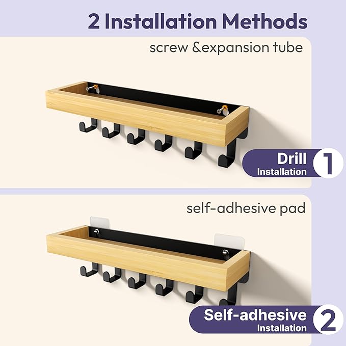 SWTYMIKI Key Holder Wall Mount-Wooden Key Hooks for Wall with Mail Organizer & 6Hooks, 2Installation Ways Key Hanger, Key Rack with Shelf for Entryway Living Room Bedroom Home Decor Wood+Black