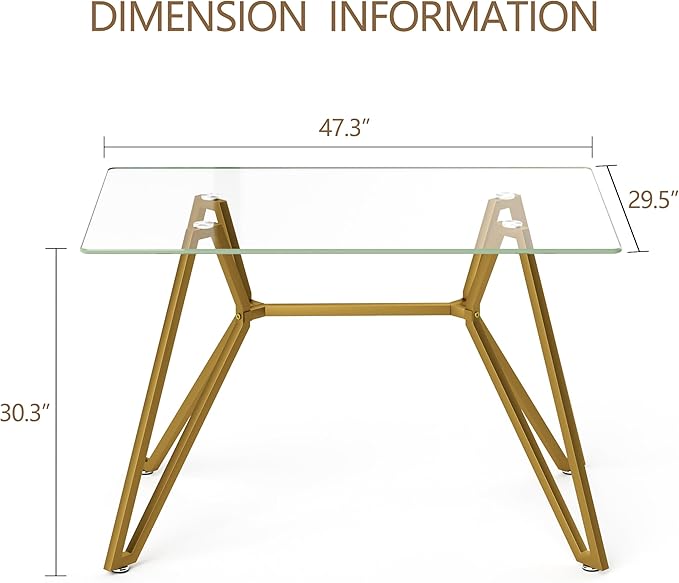 47.3" Glass Dining Table Modern Kitchen Table for 4 People Rectangular Dining Room Dinner Tables with Clear Glass Top & Gold Metal Legs for Kitchen Apartment