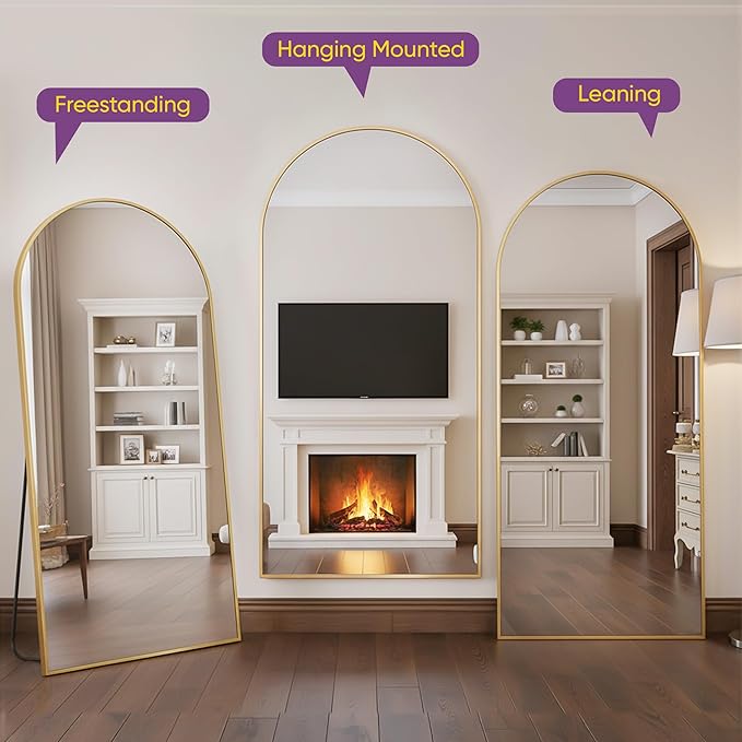 Full Length Mirror, 71"x28" Arched Floor Mirror Freestanding, Floor Standing Full Body Mirror with Stand for Bedroom, Hanging Mounted for Living Room Cloakroom, Gold