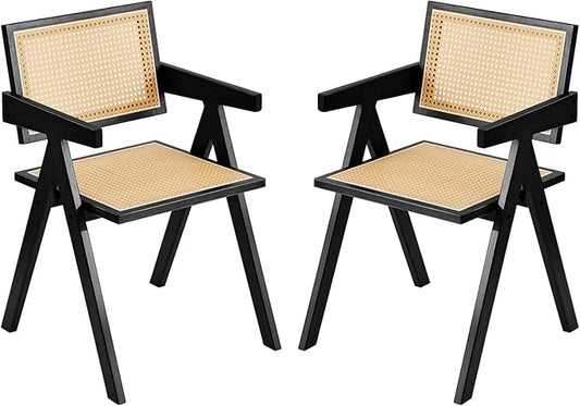 Tiita Rattan Accent Chairs, Mid Century Modern Dining Chairs Set of 2, Bamboo Living Room Chair for Reading Room Dining Kitchen, Black