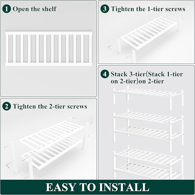 Smiry Shoe Rack, 5 Tier Bamboo Shoe Organizer, Stackable Free Standing Wooden Shoe Storage Shelf for Closet, Entryway, Front Door Entrance, White