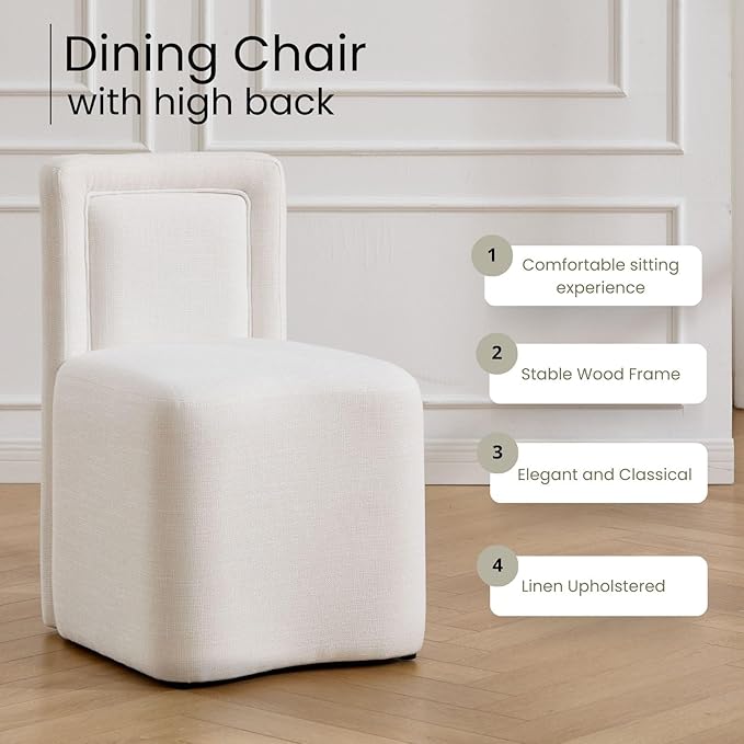 White Upholstered Dining Chairs Set of 4, Armless Modern Linen Dining Chairs with High Back, Kitchen Chair for Dining Room/Restaurant/Living Room
