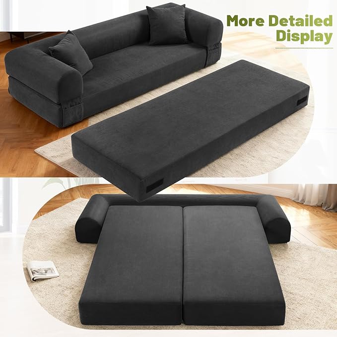 Convertible Folding Sofa Bed,80" Pull Out Couch with Pillows & Storage Pocket,Modular Futon Bed Corduroy Queen Sleeper Sofa in a Box,Compression Boneless Couch for Living Room,Deep Gray