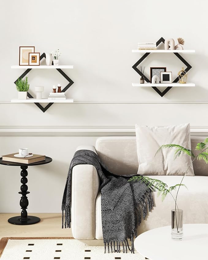 IBUYKE Floating Shelves,15 Inch Wall Shelf Set of 2,Wall Mounted Shelves,2 Tier Hanging Decorative Storage Shelf for Living Room, Bedroom, Bathroom, Kitchen TFS003W-2