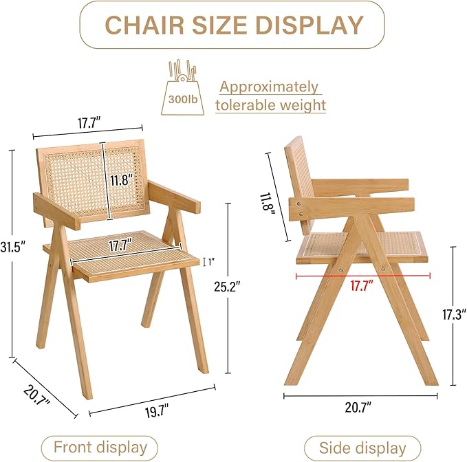 Tiita Rattan Accent Chairs, Mid Century Modern Dining Chairs Set of 2, Bamboo Living Room Chair for Reading Room Dining Kitchen, Wood