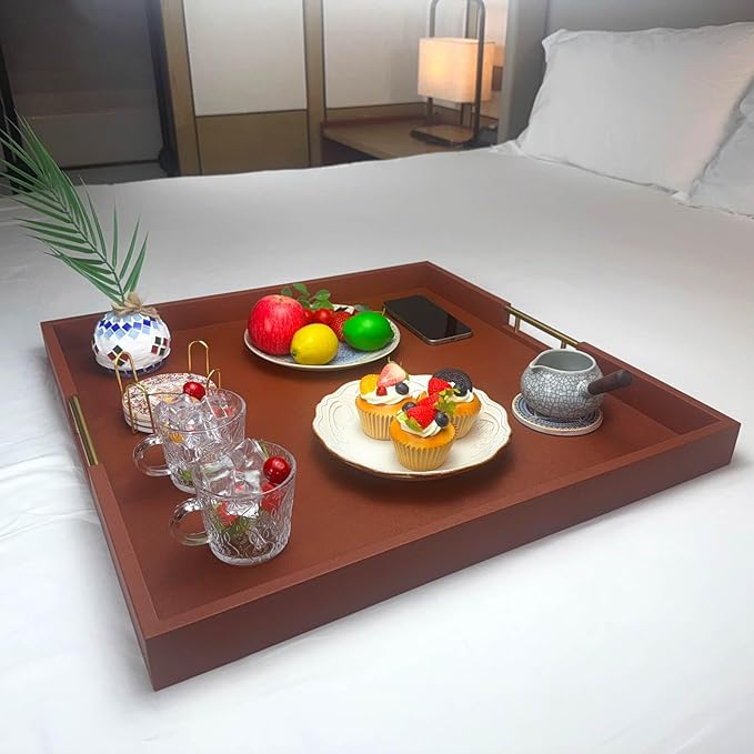 24x24 Inches Extra Large Brown Faux Leather Wrapped Wood Ottoman Tray with Golden Handles for Serving Food and Breakfast On Bed Square Coffee Table Organizer Home Decor and Decorative