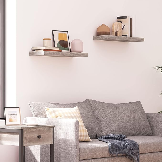 HOOBRO Floating Shelves for Wall, Wall Mounted Shelf Set of 2, 23.6" Hanging Shelf with Invisible Brackets, for Wall in Bathroom, Bedroom, Toilet, Kitchen, Living Room, Office, Greige BG60BJ01G1