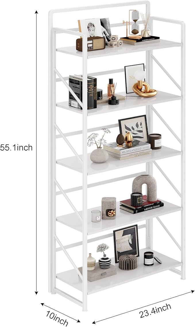 JSB No Assembly Folding Bookshelf, 5 Tier Industrial Metal Book Shelf for Storage, Vintage Wood Foldable Bookcase for Living Room, Bedroom, Office Organization Shelves