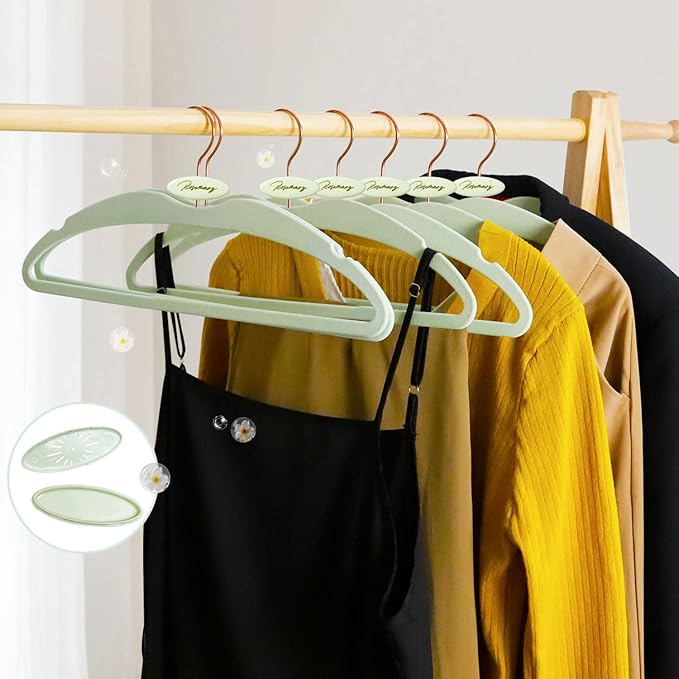 ManGotree Velvet Coat Hangers with Empty Aromatherapy Boxes, Non-Slip Short Neck Hangers, Ultra-Thin Space Saving Suit Hanger for Jacket, Shirt, Dress, Pants (22 Pack, Light Green)