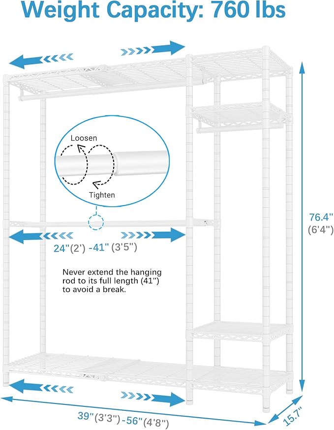 VIPEK X20 Expandable Metal Clothing Rack Adjustable from 3'3" to 4'8" Heavy Duty Garment Racks with Adjustable Shelves and Hanger Rods Portable Wardrobe Open Closet Rack System, White