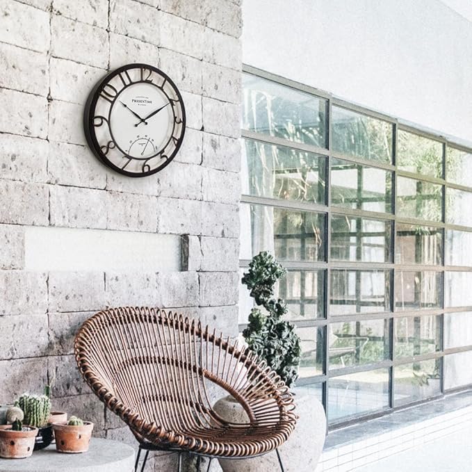 Presentime & Co 13" Farmhouse Outdoor Wall Clock w/Outdoor Thermometer, Cottage Style, Raised 3D Arabic Numerals, Oil Rubbed Bronze Finish (Wall Clock for Patio, Cottage, Poolside, Garden Spaces)