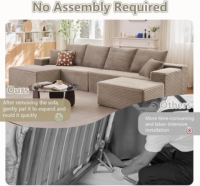 140" Sectional Cloud Couch for Living Room, Stupendous U Shaped Sofas, Modular Floor Deep-Seat Sofa, Big Comfy Corduroy Couches Set with Fluffy Memory Foam, No Assembly Required, Camel