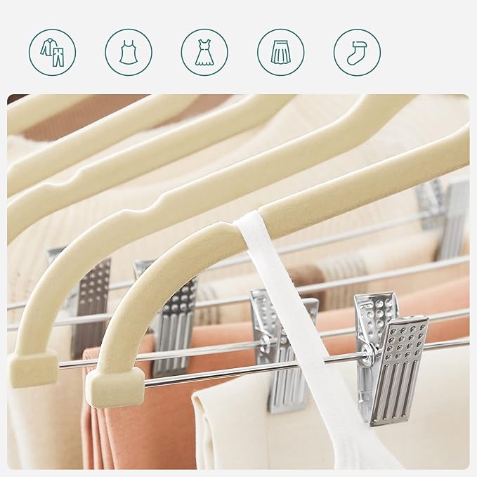 SONGMICS 30-Pack Pants Hangers, 16.7-Inch Long Velvet Hangers with Adjustable Clips, Heavy-Duty, Non-Slip Skirt Hangers, Space-Saving for Pants, Skirts, Coats, Dresses, Sandy Beige UCRF012M30