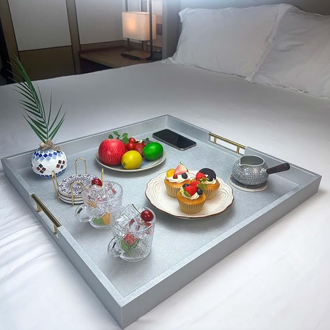 24x24 Inches Extra Large Silver Faux Leather Wrapped Wood Ottoman Tray with Golden Handles for Serving Food and Breakfast On Bed, Square Coffee Table Organizer, Home Decor and Decorative