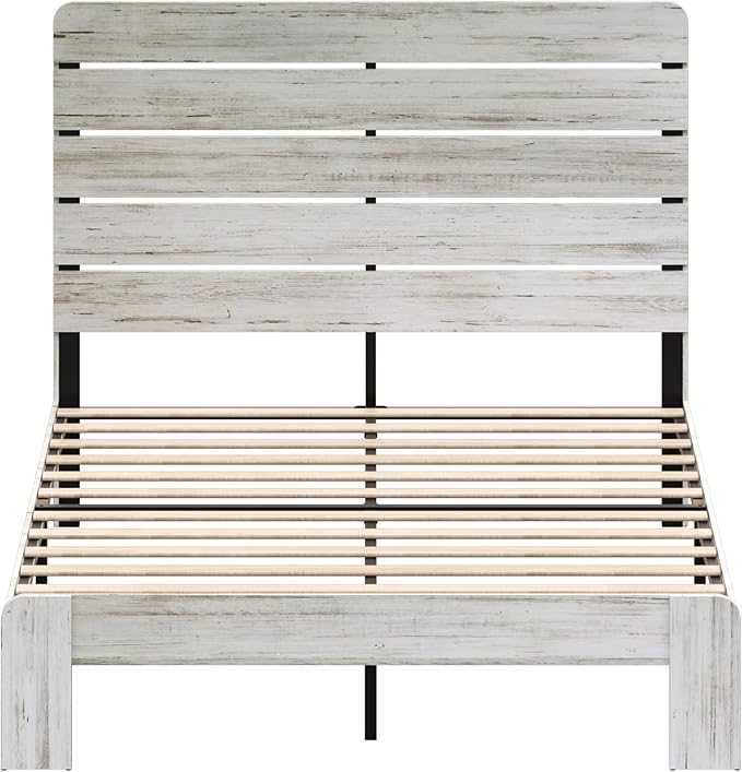Rustic White Queen Size Wooden Bed Frame with Farmhouse Headboard, Solid Wood Platform Bed with Wood Slats, Noise-Free Structure, No Box Spring Needed