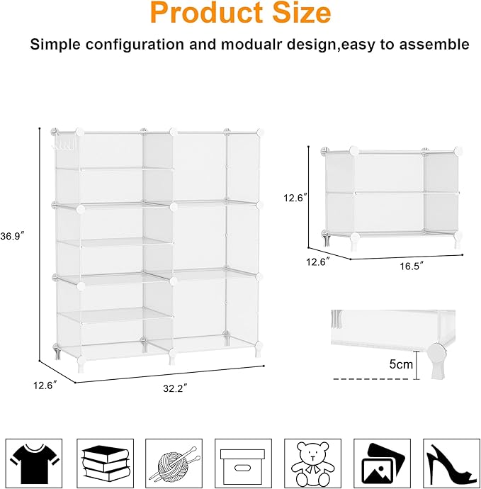 AWTATOS Closet Organizer 6 Cube Storage Shelves Portable Closet Clothes Organizers and Storage Stackable Cubby Shelving for Closet Bedroom Living Room Office, Transparent Twill