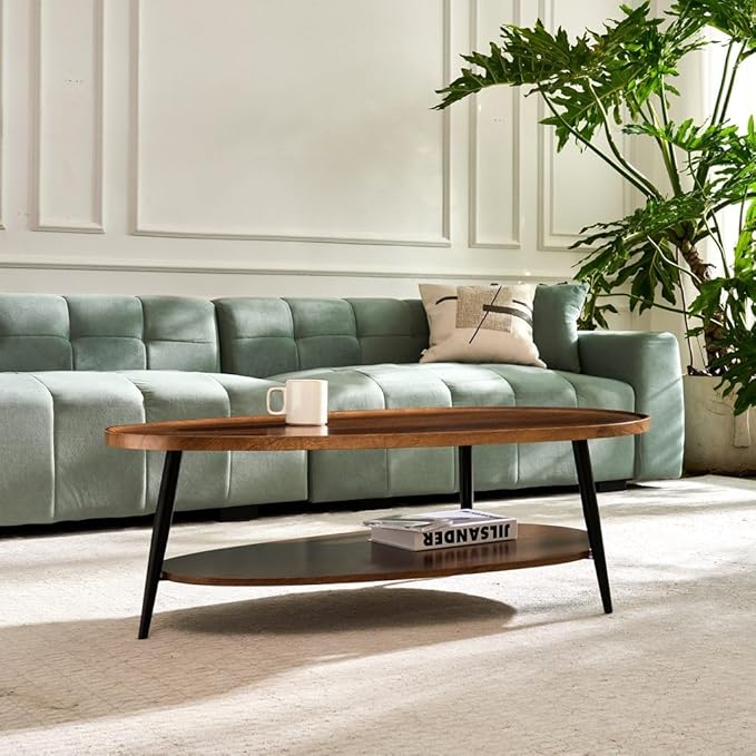 AGV Oval Coffee Table with Storage Shelf, 47" Mid Century Modern Coffee Table for Living Room, Walnut Wood Finish MDF Top with Black Metal Legs