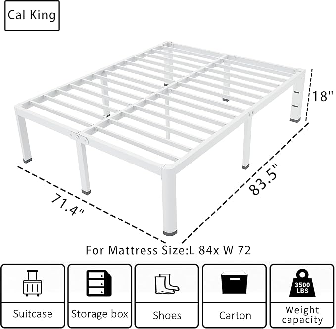 ROIL 18 Inch White California King Bed Frame with Rounded Corner and Headboard Hole Mattress Retainers 3500LBS Heavy Duty Steel Slats No Box Spring Needed Platform Noise-Free Easy Assembly