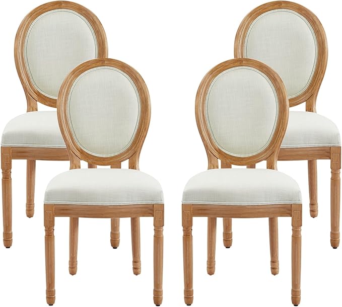 Nrizc French Country Dining Chairs Set of 4, Farmhouse Fabric Chairs with Round Back, Solid Wood Legs, Oval Side Chairs for Kitchen/Bedroom/Dining Room