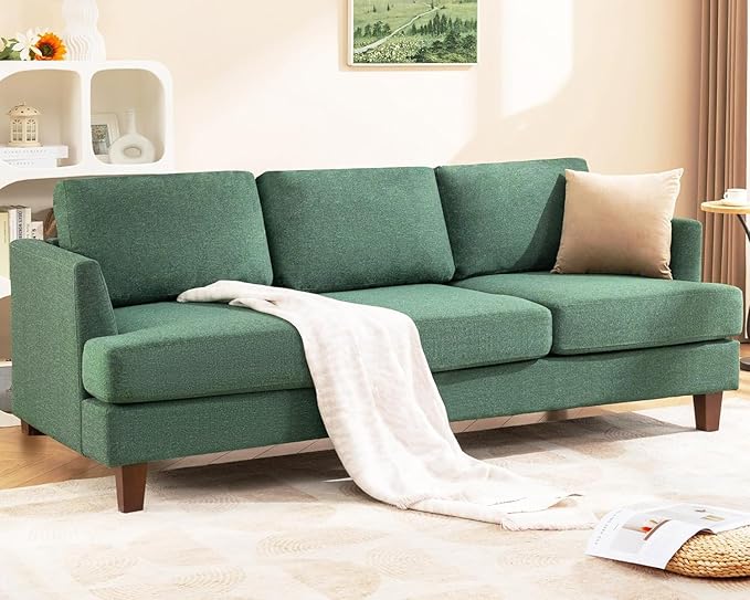 3 Seater Sofa Couch with Deep Seats, 89" Mid Century Modern Upholstered Sofa with Armrests, Comfy Couches for Living Room, Bedroom, Apartment and Office (Green)