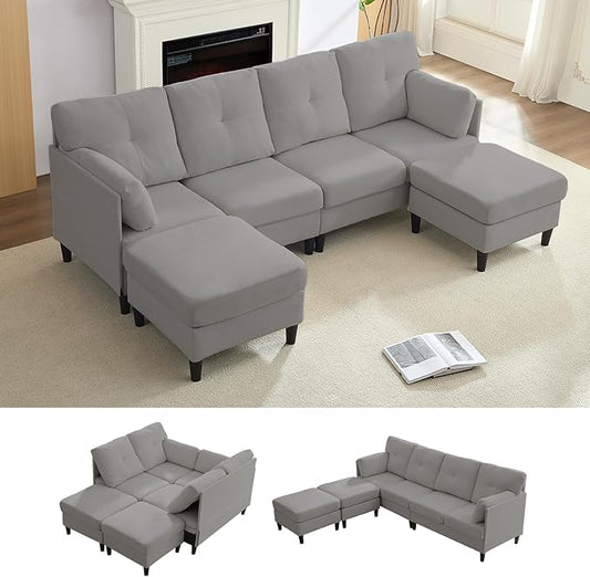 PUREMIND Sectional Home Sofa Living Room, Modern U-Shaped Sofa Couches with Double Chaise, Upholstered 4 Seater Sofa for Living Room, Apartment, Light Grey