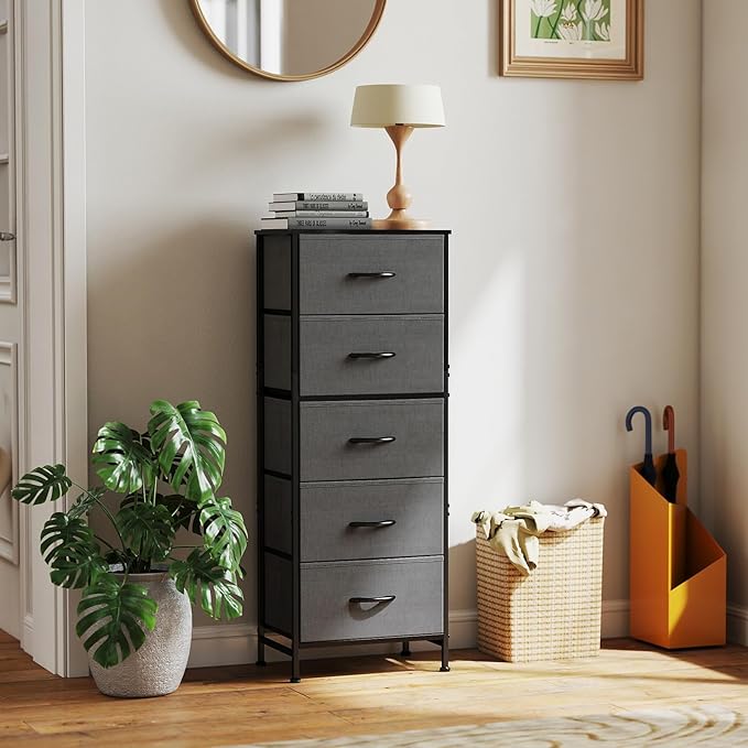 DUMOS Nightstand with 5 Drawers Bedside Table with Removable Fabric Bins Sturdy Steel Frame Wood Top Organizer Furniture for Bedroom Closet Living Room, Grey