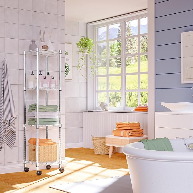 IZEUK 4 Tier Steel Storage Shelves, Adjustable Wire Shelving Unit for Kitchen, Bathroom, or Office Organization, Heavy Duty Metal Rack, 11.8" D x 11.8" W x 48.1" H, Chrome