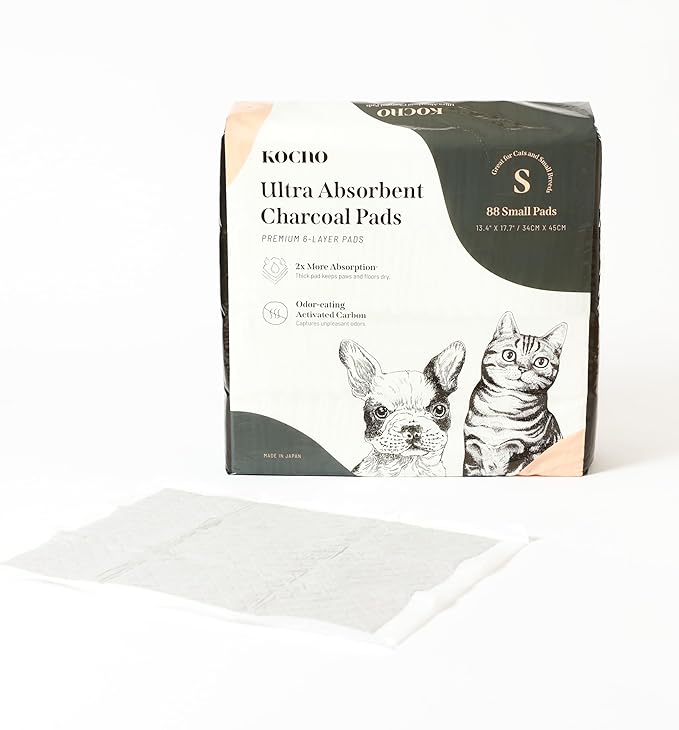 KOCHO Ultra Absorbent Charcoal Pads 6-Layered, Small 13.4" X 17.7" Odor-Eating Breeze Cat Litter Box Liner Training and Puppy Quick-Dry Pee Pads Pack of 88, Made in Japan