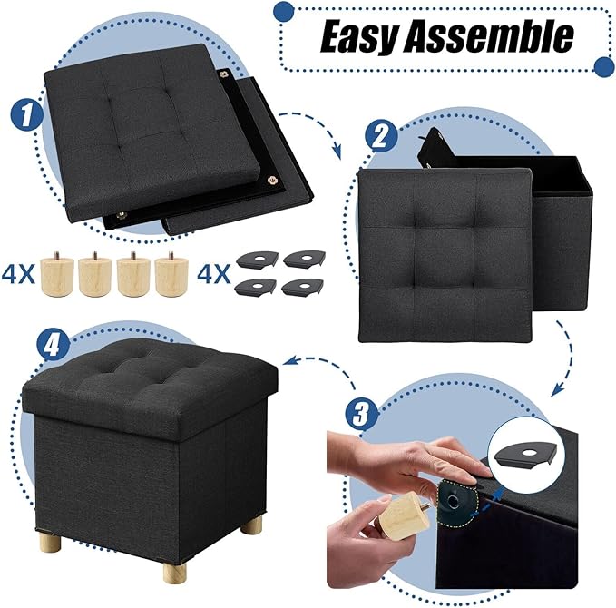 BRIAN & DANY 15 Inches Ottoman with Storage, Square Small Storage Ottoman Foot Rest with Legs, Ottomans Foot Stool for Dorm, Living Room, Entryway (Black)
