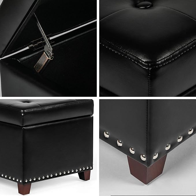 Joveco 47 Inch Storage Ottoman Bench,Tufted Leather Storage Bench with Nailhead Trim for Bedroom (47”,Black)