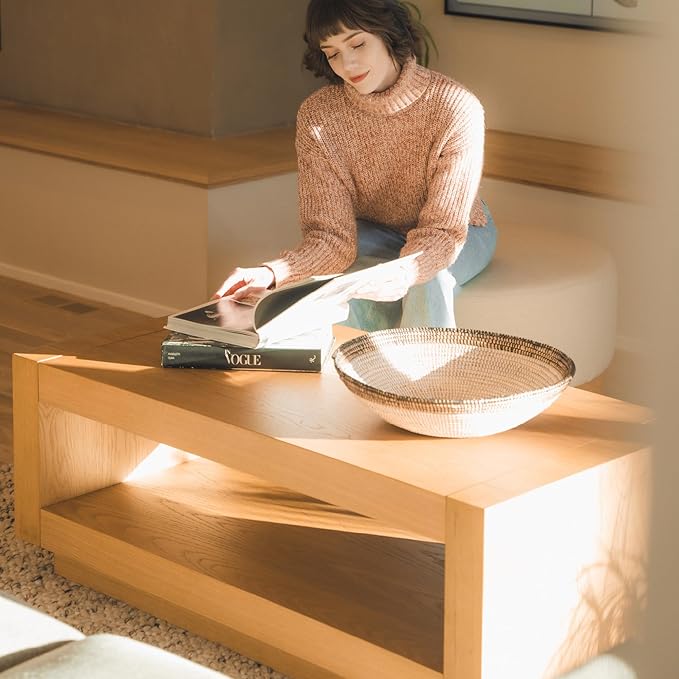 Maven Lane Artemis Coffee Table – 18 Inch Rectangle Table with Storage – Natural Solid Wood – Ideal for Living Room and Lounge