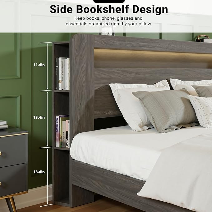 Full Bed Frame with Headboard, Wooden Platform Bed Frame Full Size with Bookcase Shelf, LED Lights, Charging Station, Heavy Duty Supports, No Box Spring Needed,Dark Grey