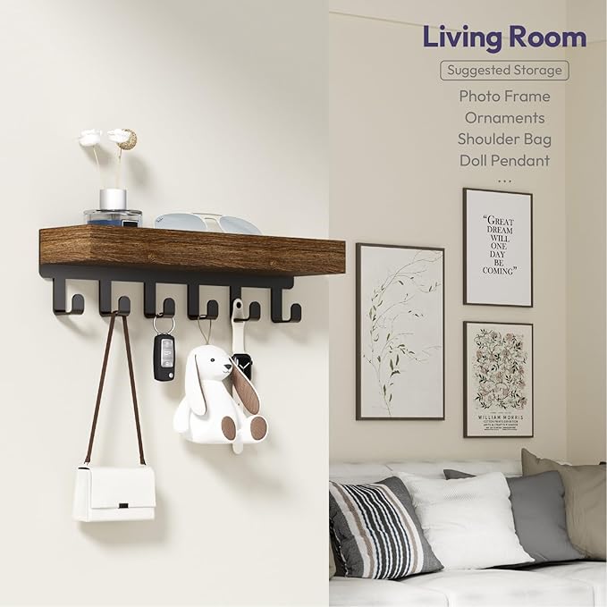 SWTYMIKI Key Holder Wall Mount - Wooden Key Hooks for Wall with Mail Organizer & 6 Hooks, 2 Installation Ways Key Hanger, Key Rack with Shelf for Entryway Living Room Bedroom Office Home Decor Brown