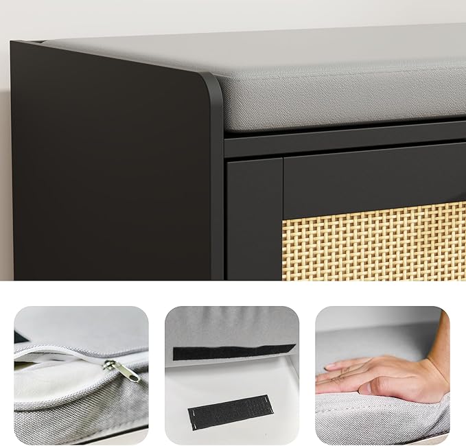 MHOM Rattan Shoe Bench for Entryway, Hallway and Bedroom - Boho Bench with Storage Cabinets and Seat Cushion - Wooden Storage Bench Fits up to Size 16, Black