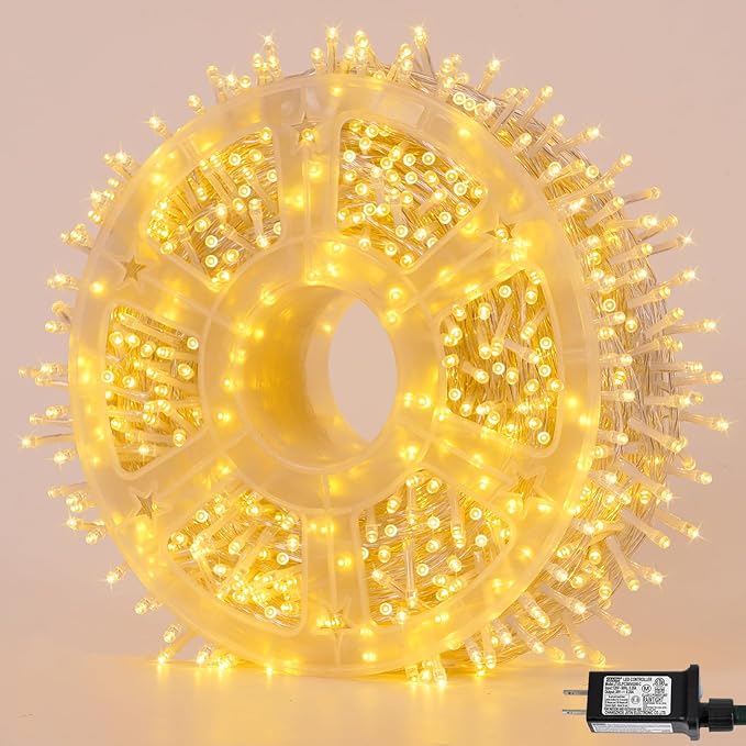 QITONG Warm White Christmas Lights Outdoor, Clear Wire 165ft 500 LED String Light Plug-in, 8 Modes Twinkle Xmas Lights Indoor